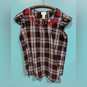 Cottagecore Whimsigoth Liz Claiborne Blue Plaid Top with Red Floral Accents